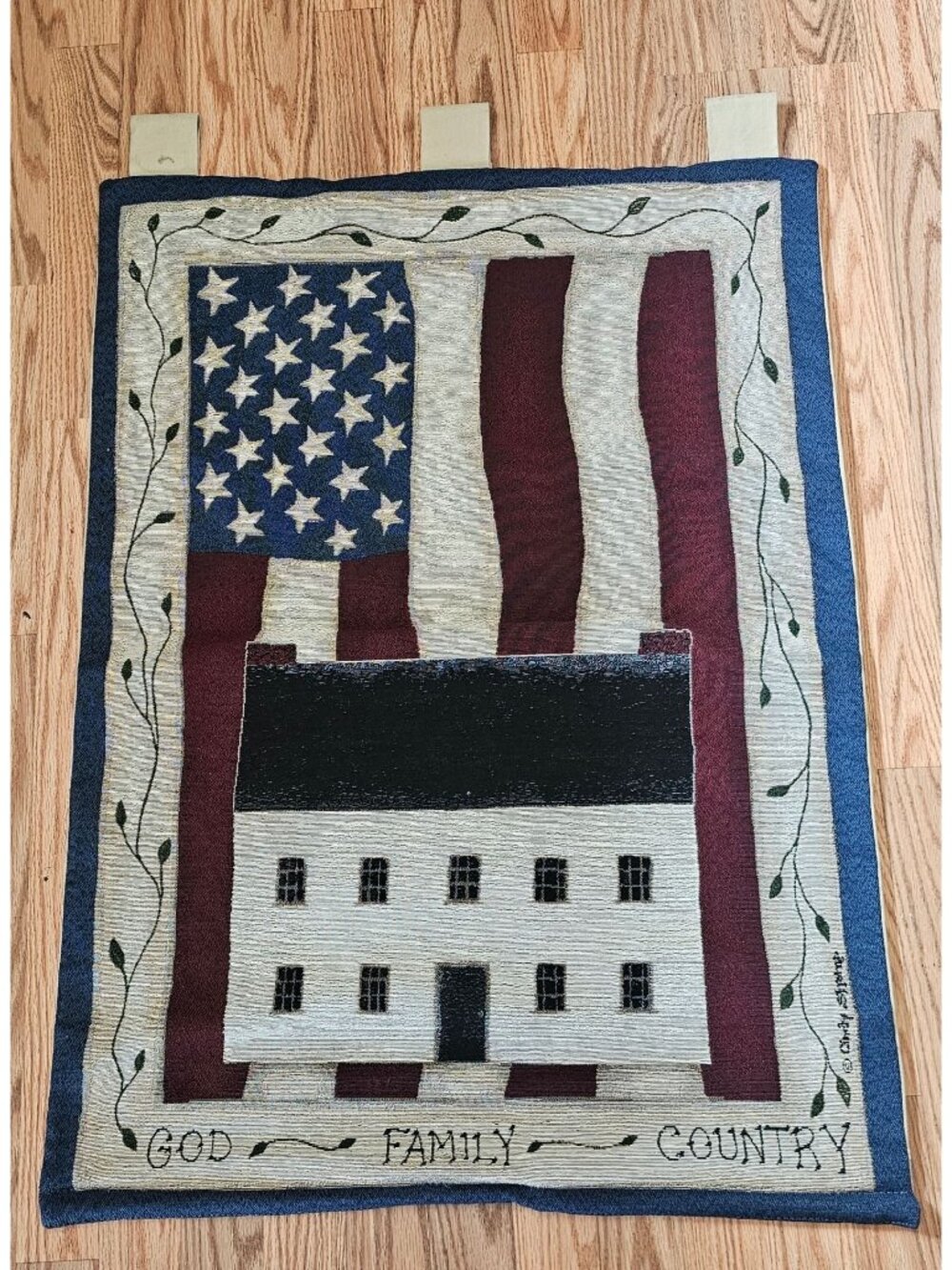 Cindy Shamp God Family Country Americana Tapestry Wall Hanging 38x26" vintage